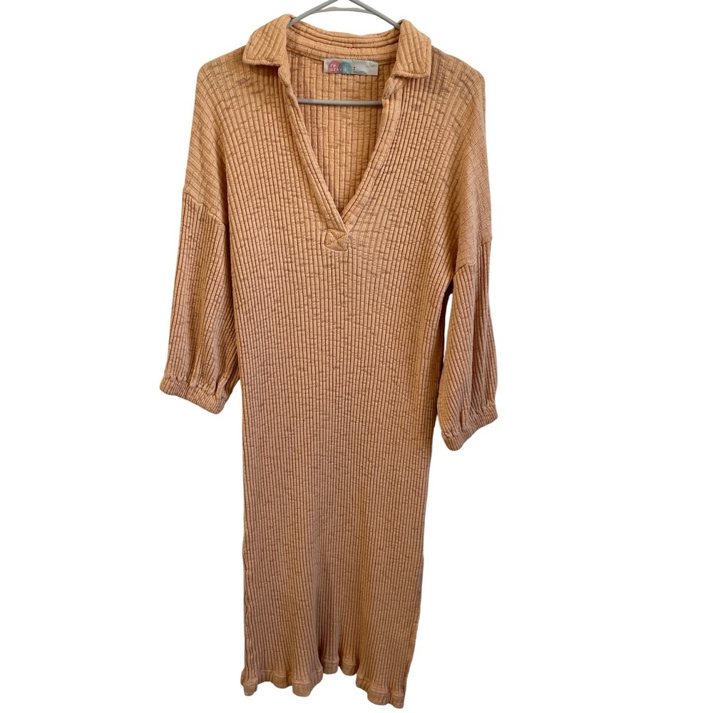 Free‎ People Beach Ribbed Knit Midi Dress Peach V-Neck Collared Slit Small